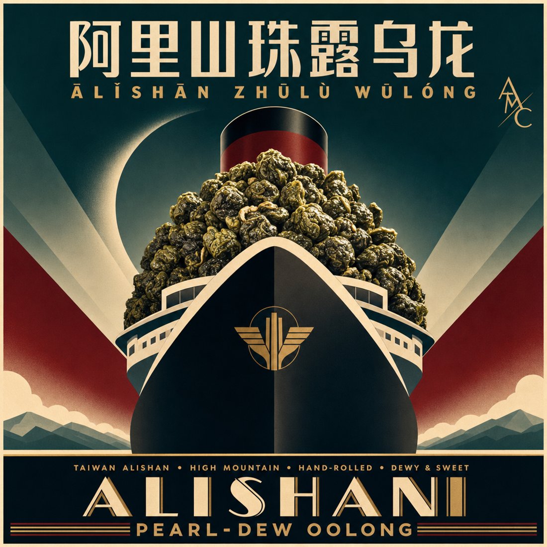 Lithographic poster in amber, black and ochre with rays and flat clouds behind a single dark clump of pressed tea, condensed caps along the bottom band